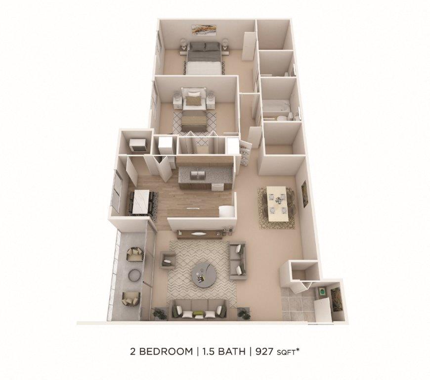 Two Bedroom 1.5 Bath - 927 sqft floor plan