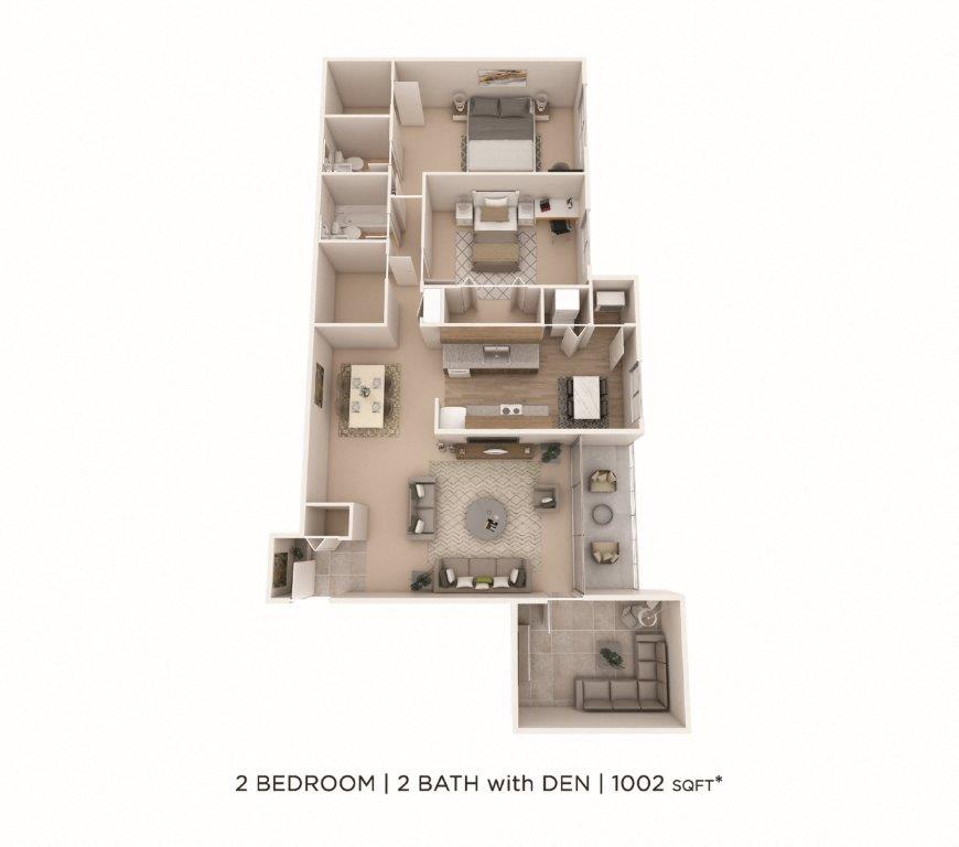 Two Bedroom 1.5 Bath w/ Den - 1,002 sqft floor plan