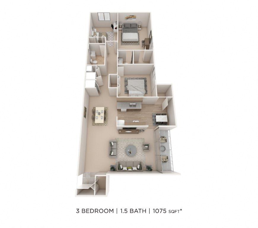Three Bedroom 1.5 Bath - 1,075 sqft floor plan
