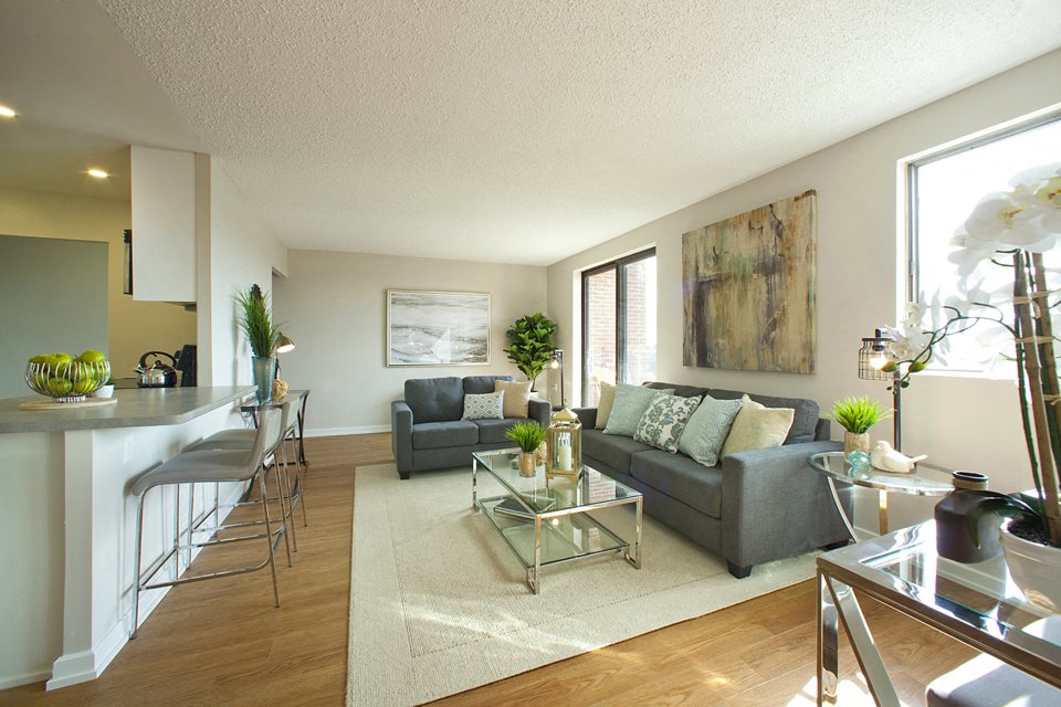 Millside Tower bright, open concept living room with view of kitchen in Milton, ON
