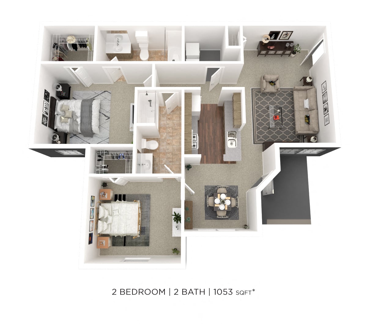 Two Bedroom 2 Bath- 1053 sqft floor plan