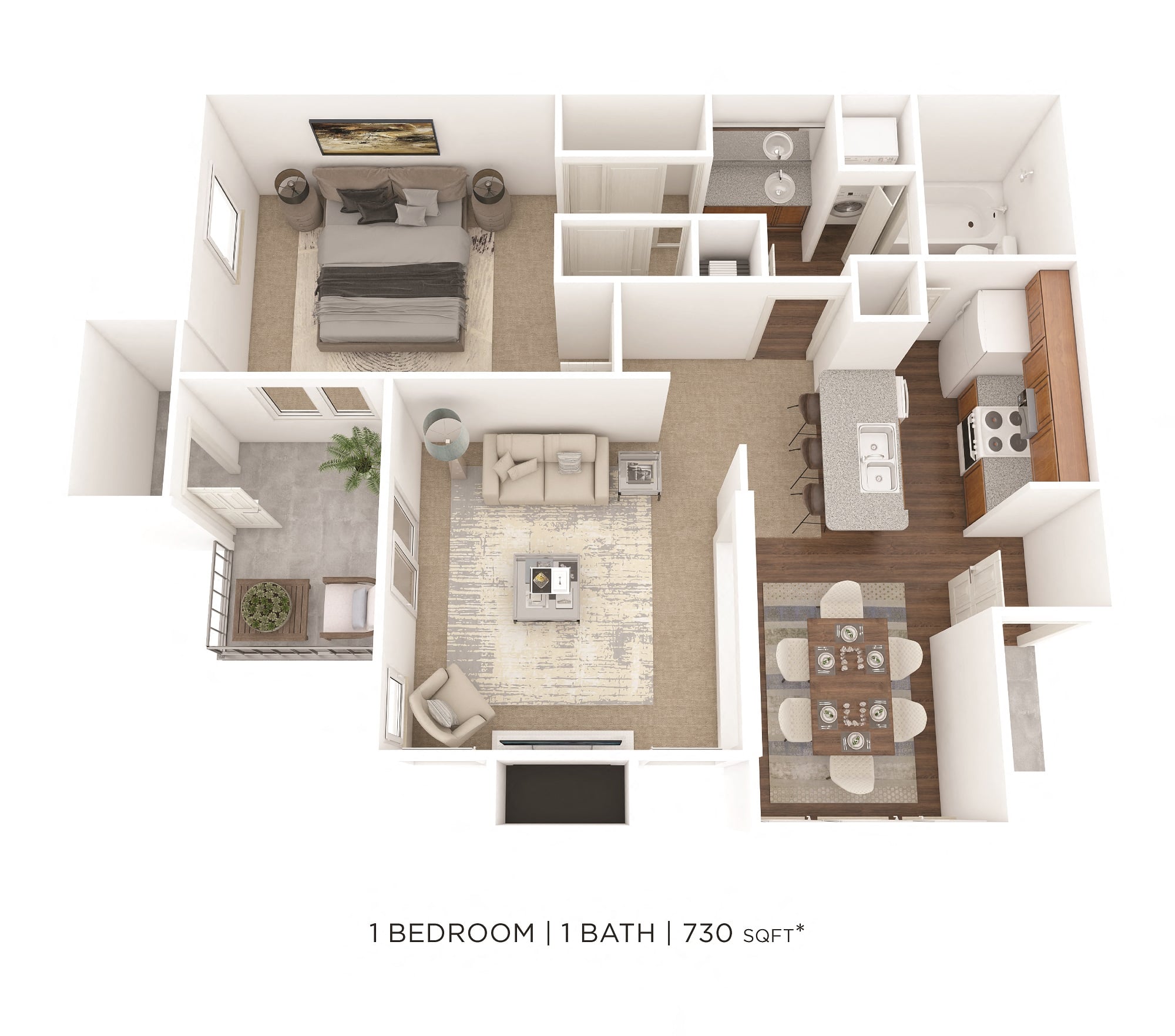 One Bedroom- 730 sqft floor plan