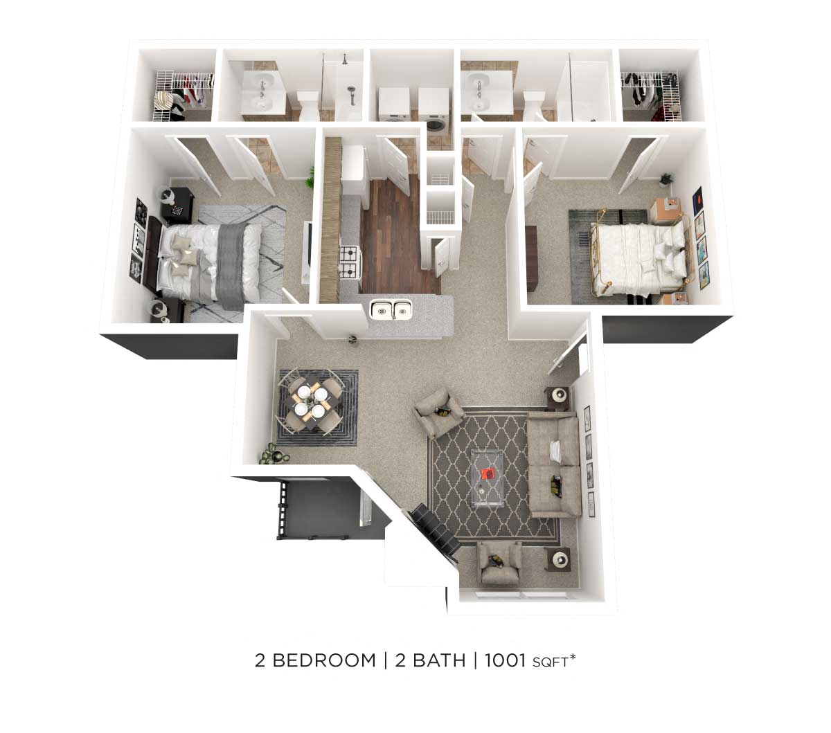 Two Bedroom 2 Bath-1001 sqft floor plan