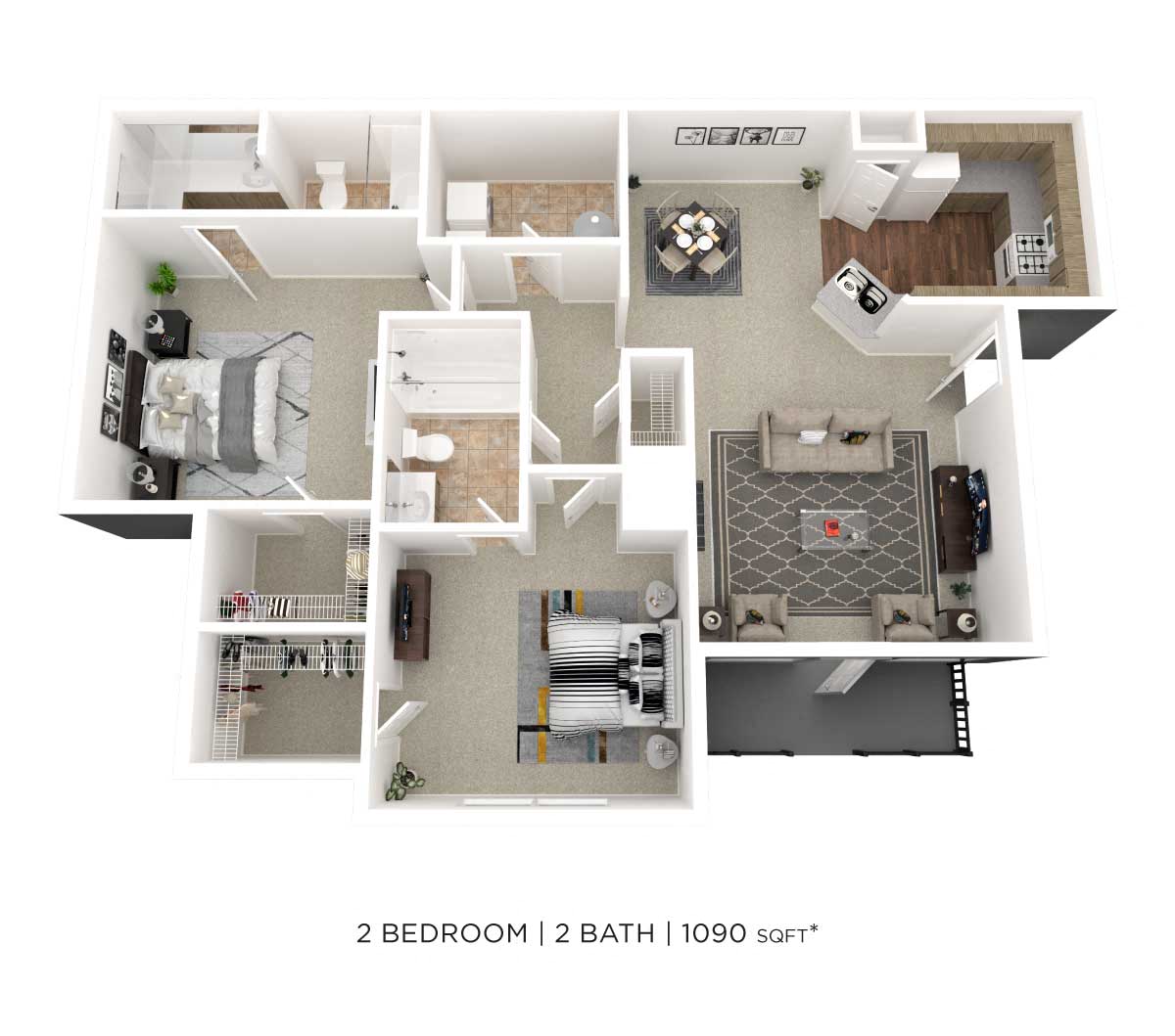 Two Bedroom 2 Bath- 1090 sqft floor plan