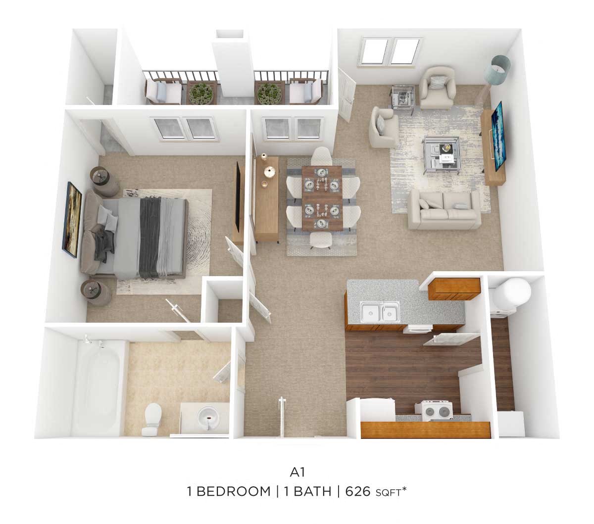 One Bedroom- 626 sqft floor plan