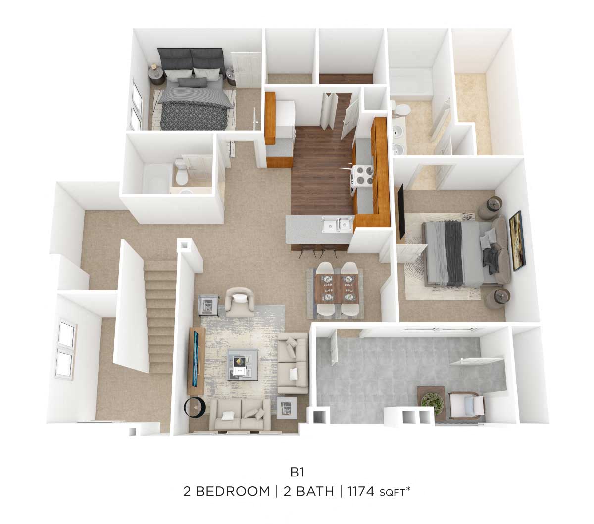 Two Bedroom 2 Bath- 1174 sqft floor plan