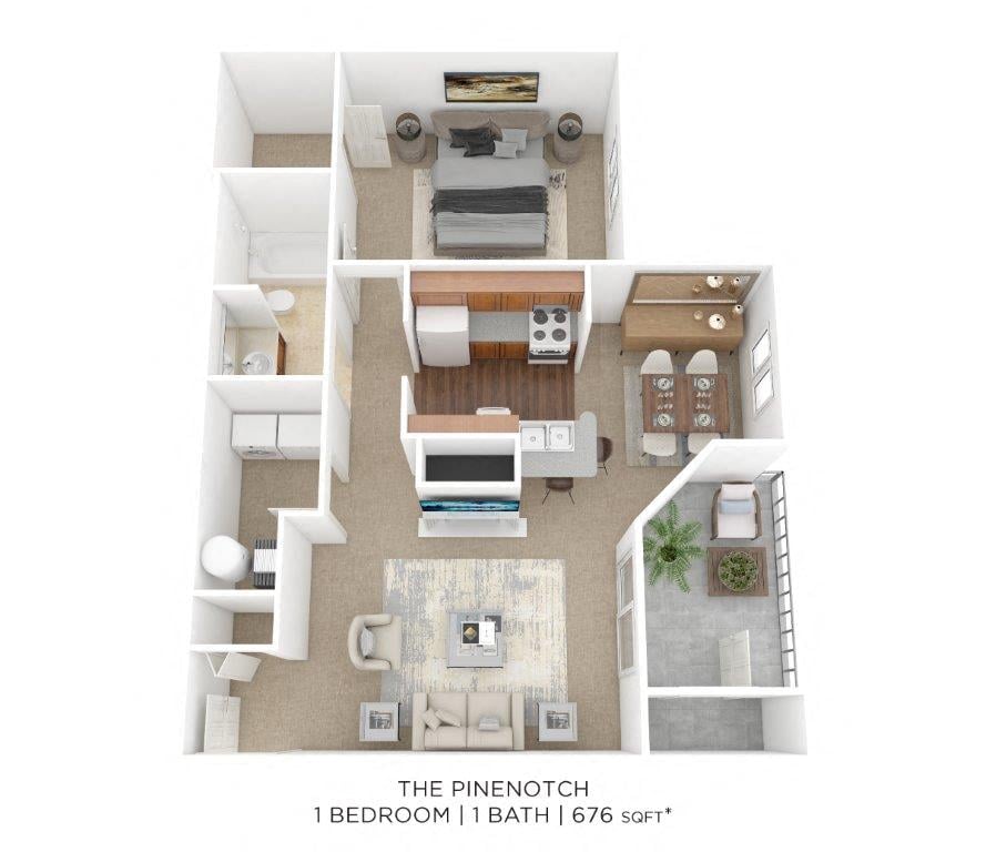 One Bedroom- 676 sqft floor plan