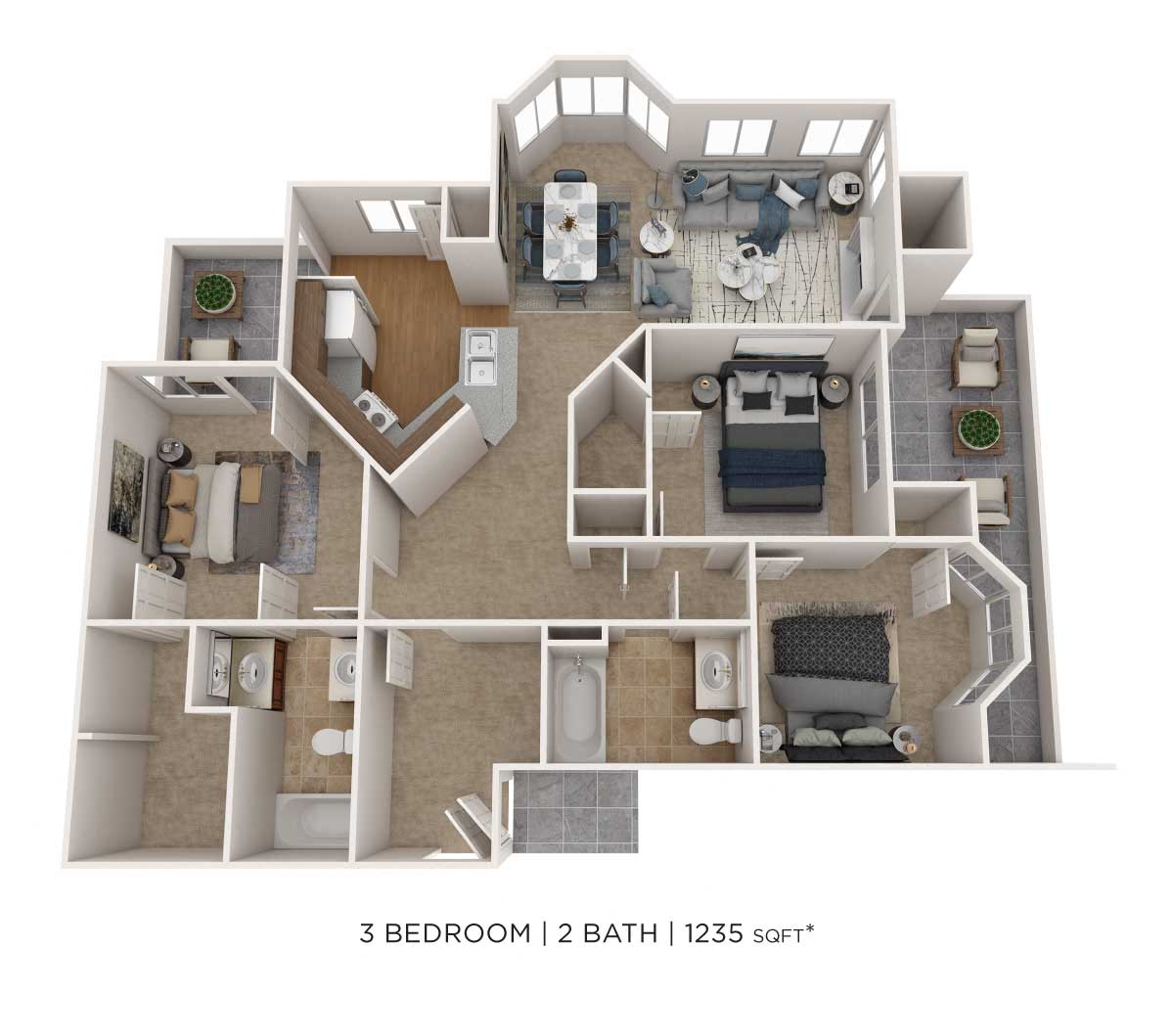 Three Bedroom 2 Bath floor plan