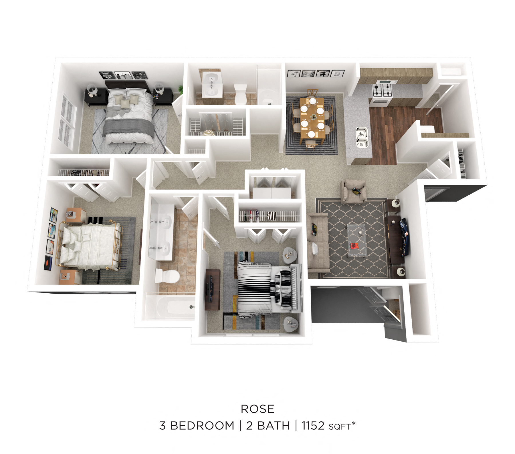 Three Bedroom 2 Bath - 1,152 sqft floor plan