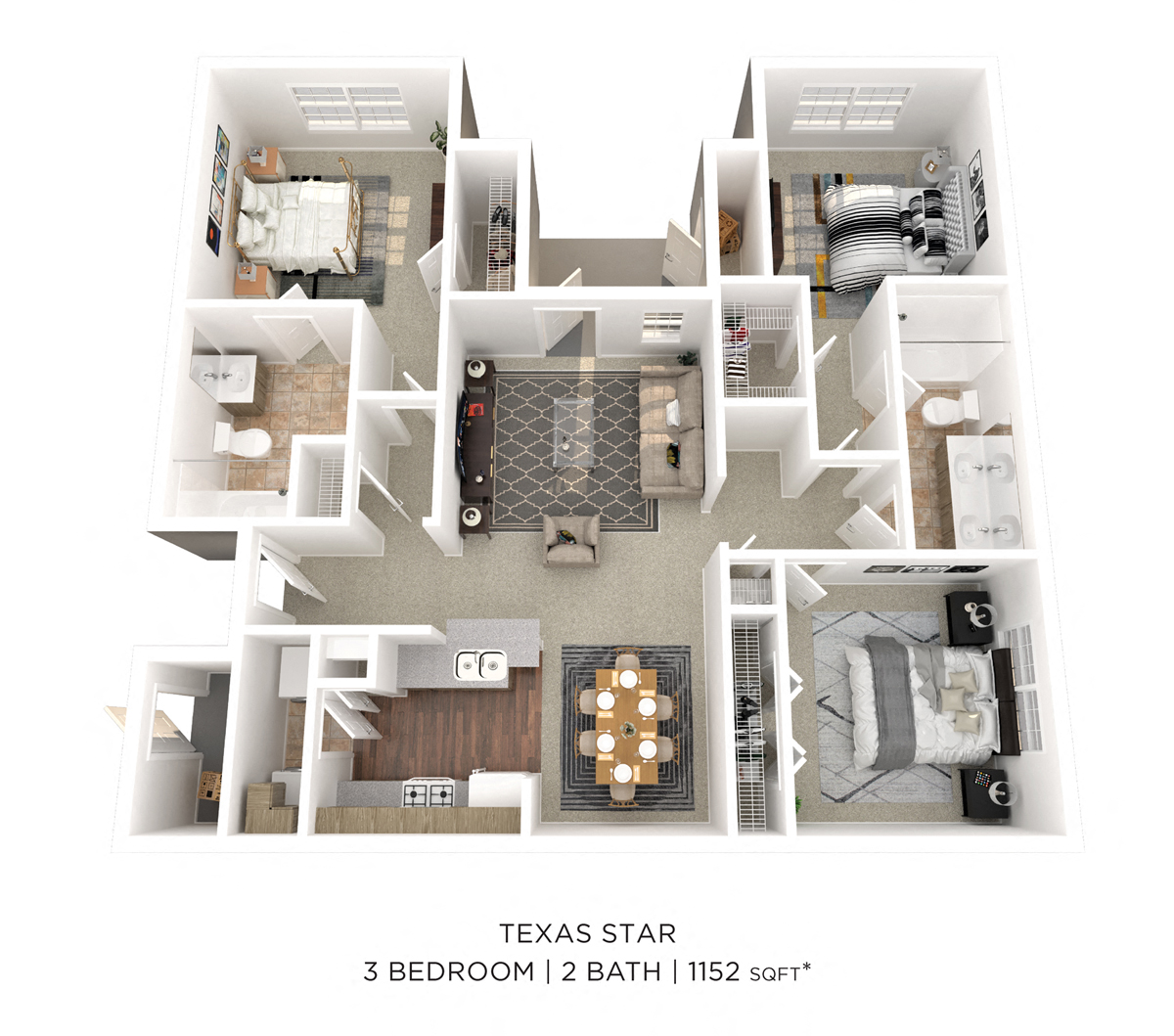 Three Bedroom 2 Bath - 1,152 sqft floor plan