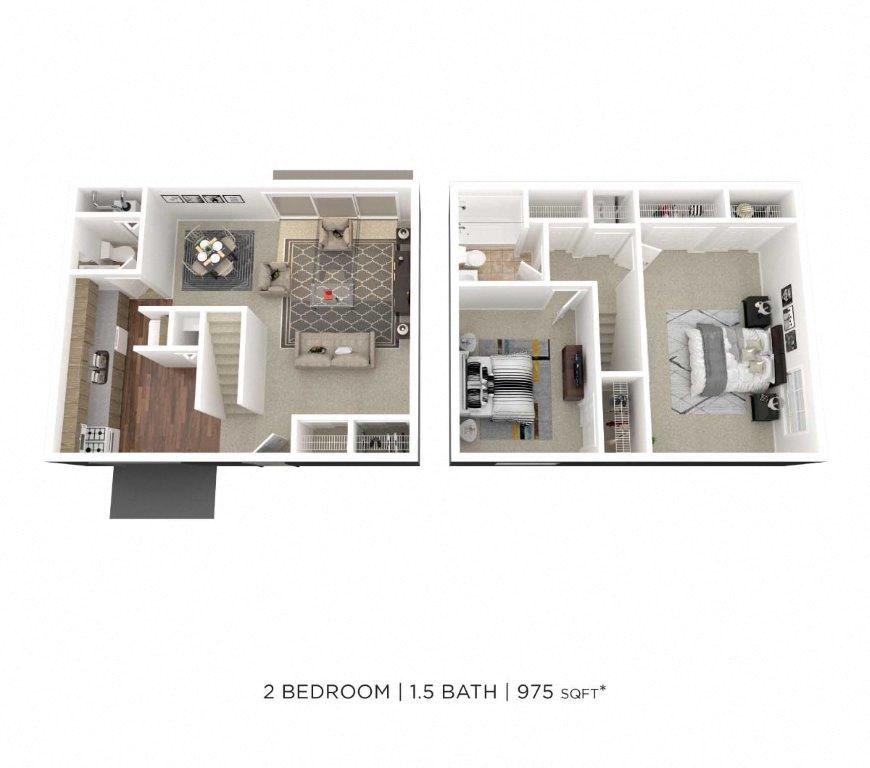 Two Bedroom 1.5 Bath Townhome - 975 sqft floor plan
