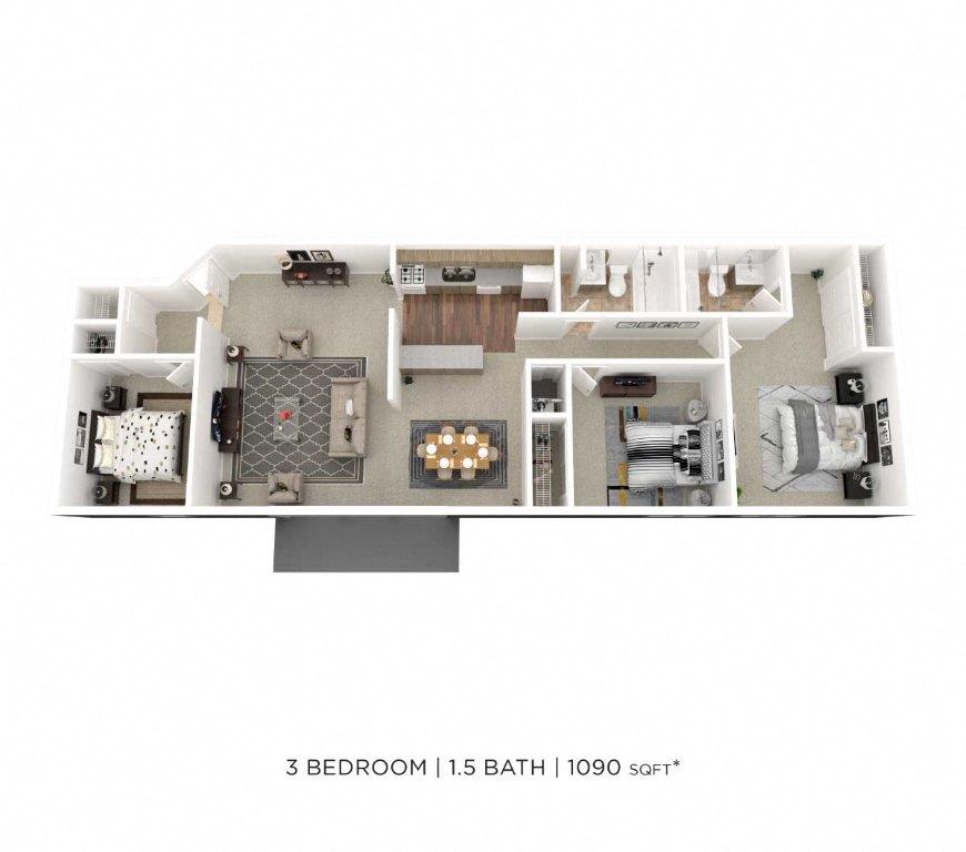 Three Bedroom 1.5 Bath - 1,090 sqft floor plan
