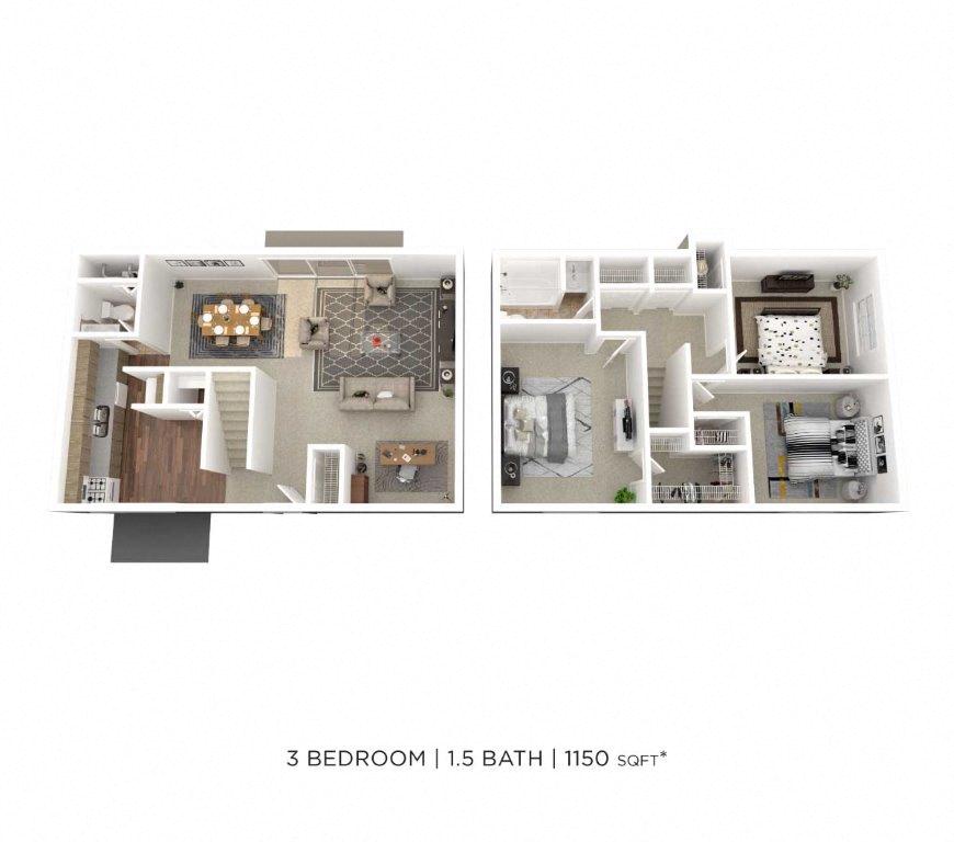 Three Bedroom 1.5 Bath Townhome - 1,150 sqft floor plan