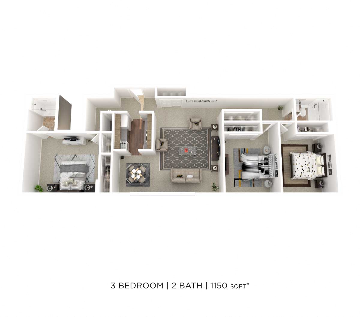 Three Bedroom 2 Bath - 1,150 sqft floor plan