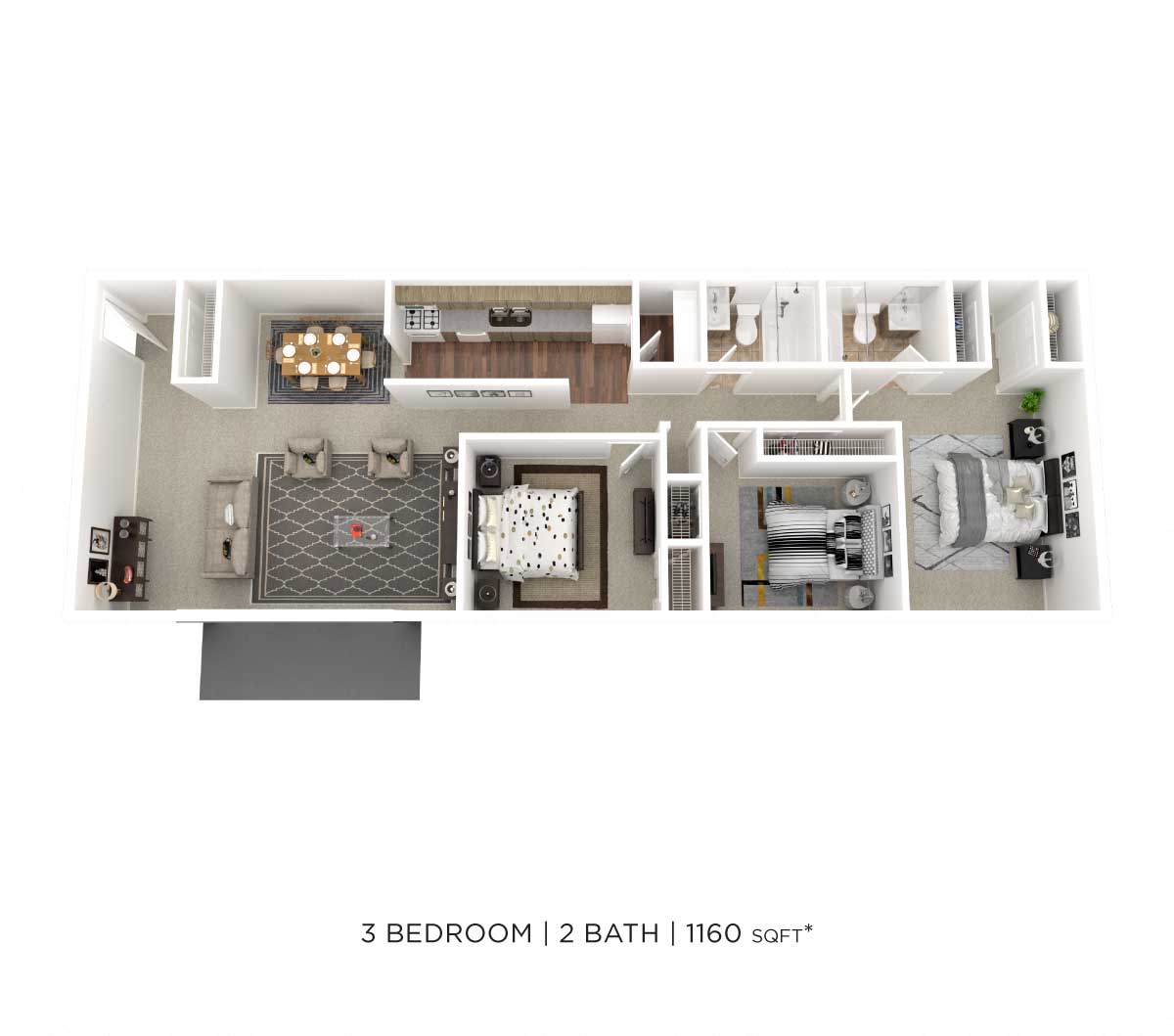 Three Bedroom 2 Bath - 1,160 sqft floor plan