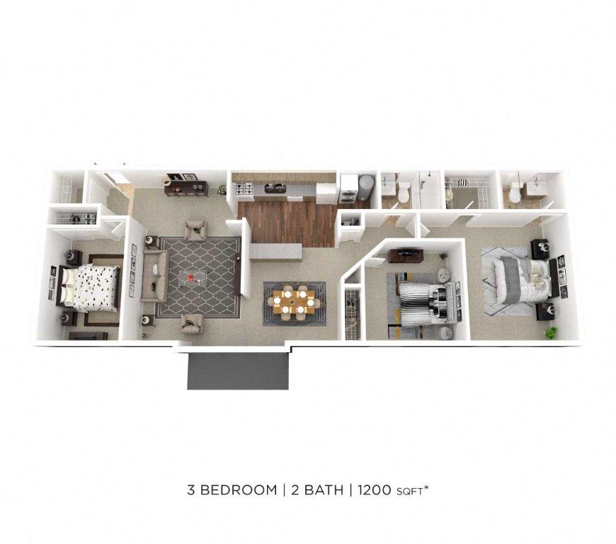 Three Bedroom 2 Bath - 1,200 sqft floor plan