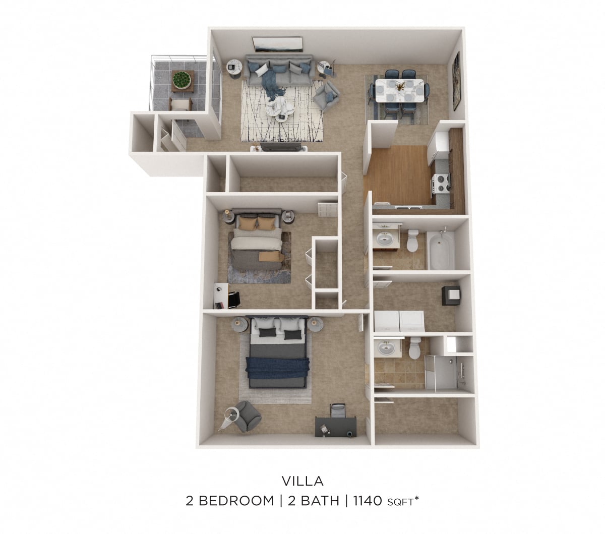 Two Bedroom 2 Bath - 1,140 sqft floor plan