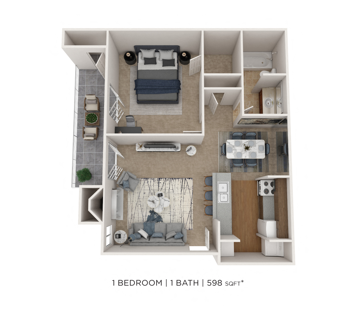 One Bedroom-598 sqft floor plan