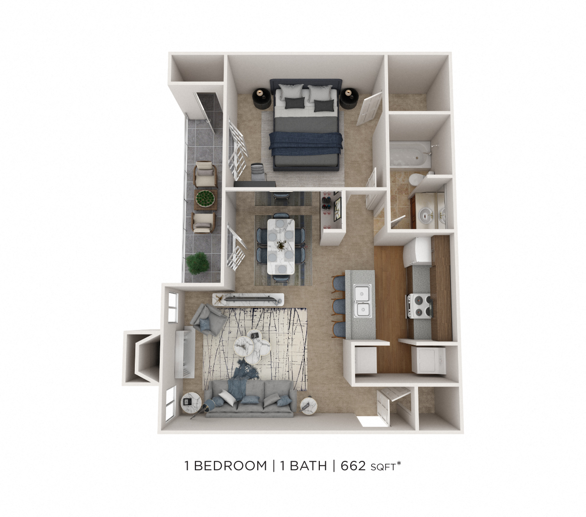 One Bedroom- 662 sqft floor plan