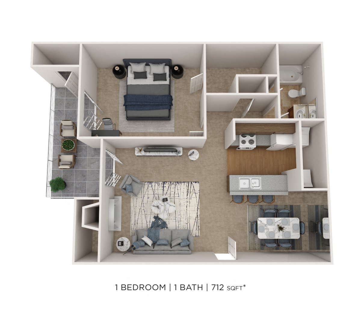 One Bedroom- 712 sqft floor plan