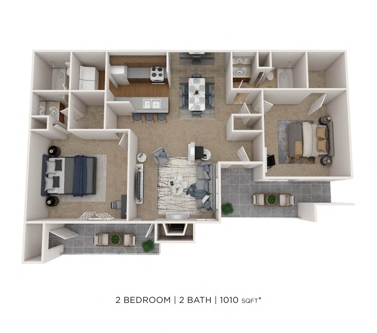 Two Bedroom 2 Bath- 1010 sqft floor plan