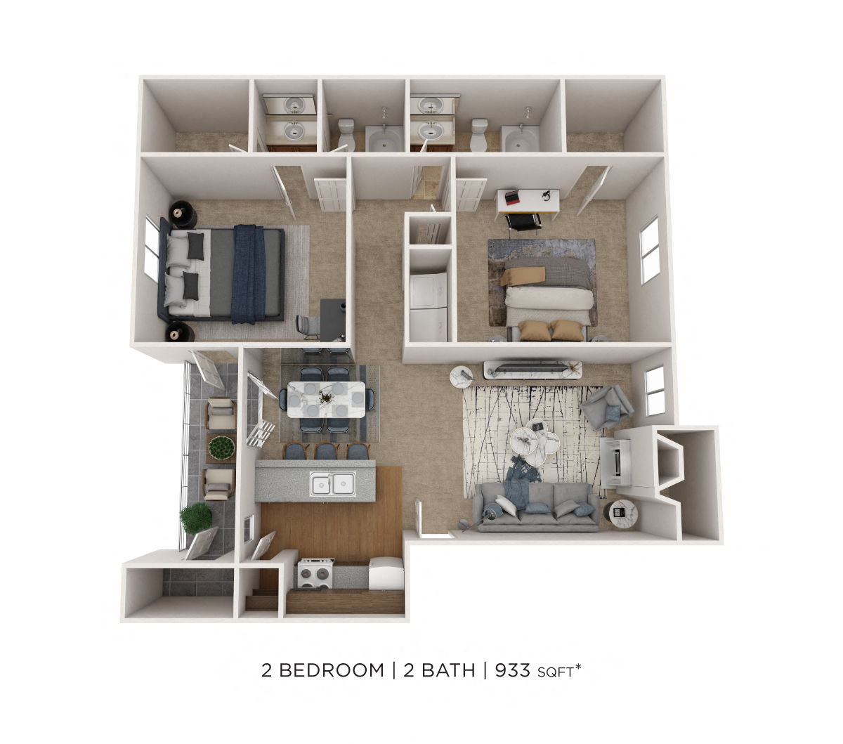 Two Bedroom 2 Bath- 933 sqft floor plan
