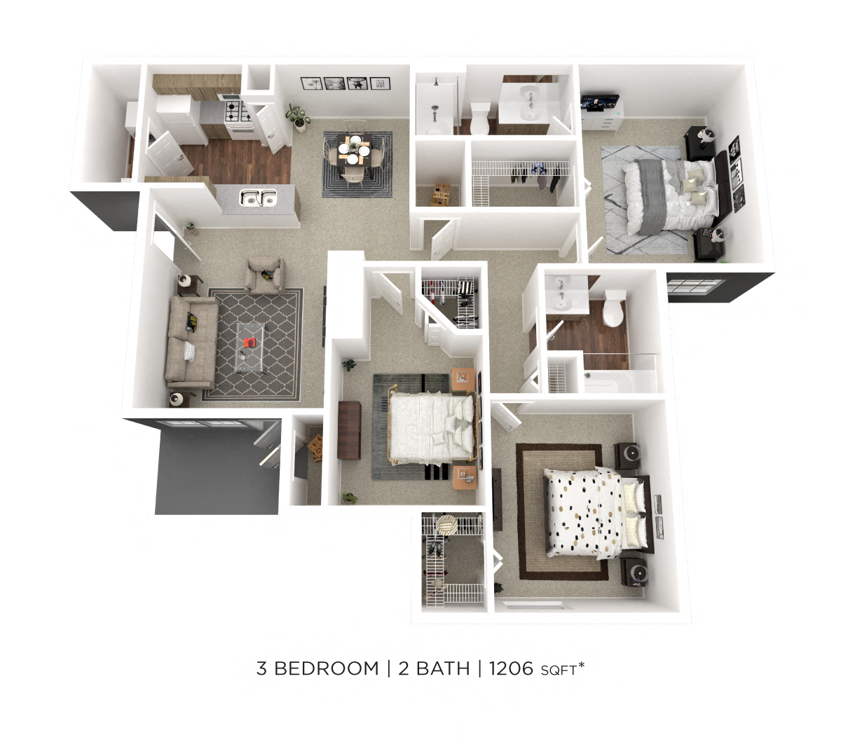 Three Bedroom 2 Bath - 1,206 sqft floor plan