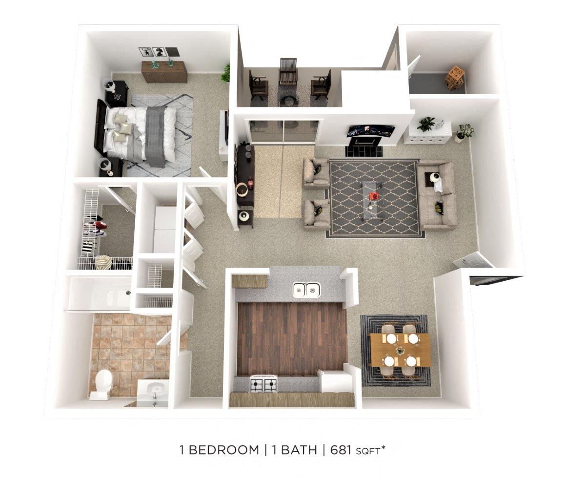 One Bedroom - 681 sqft floor plan
