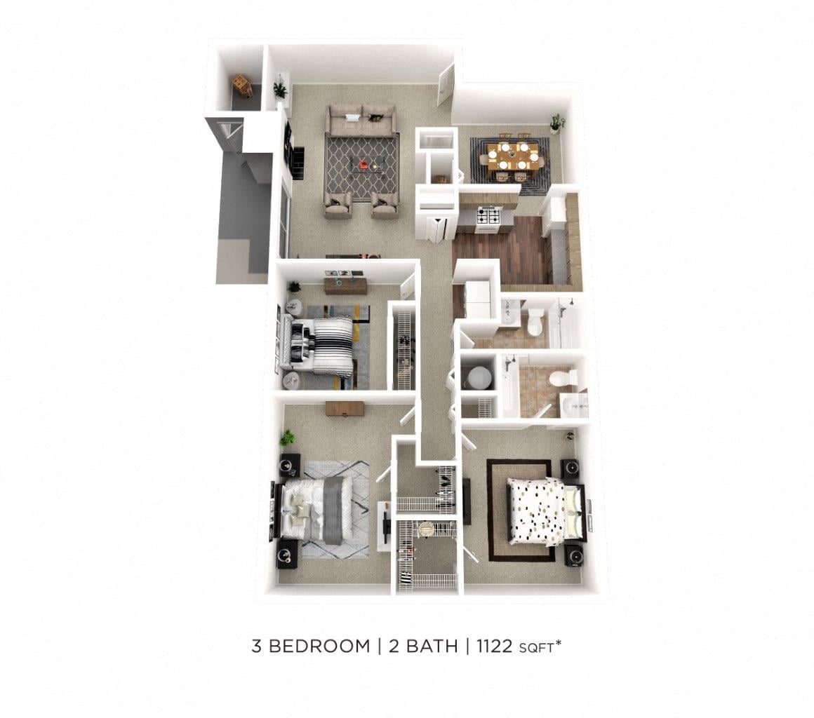 Three Bedroom 2 Bath - 1,122 sqft floor plan