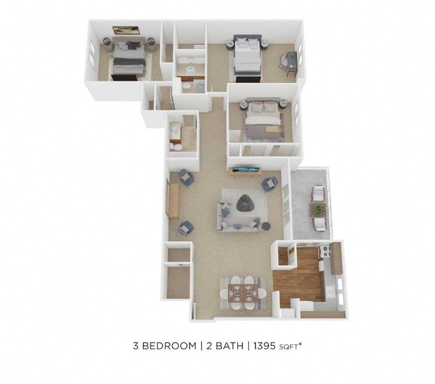 Three Bedroom 2 Bath - 1,395 sqft floor plan