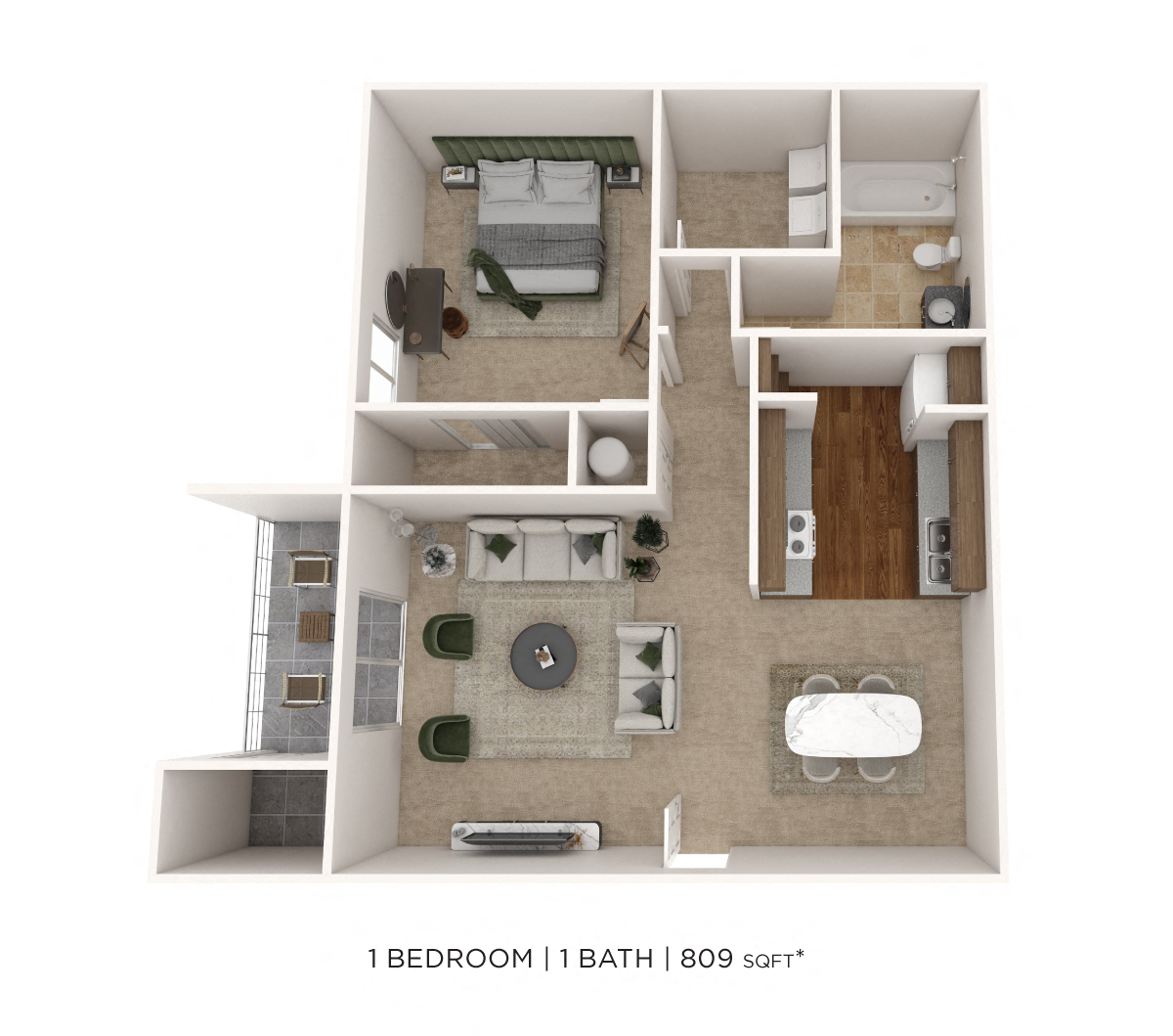 One Bedroom- 809 sqft floor plan