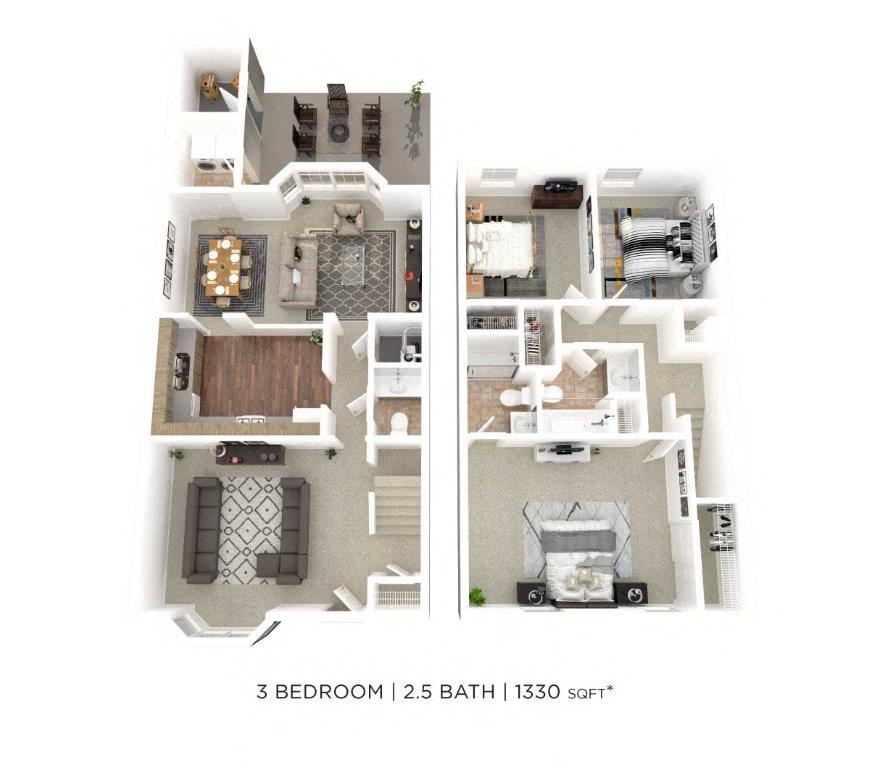 Three Bedroom 2.5 Bath Townhome - 1,330 sqft floor plan