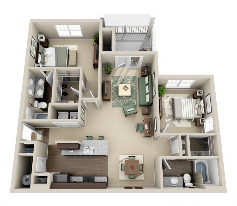 View B2, two  Bedroom Floor Plan at Oasis at Montclair Apartments in Dumfries, Virginia