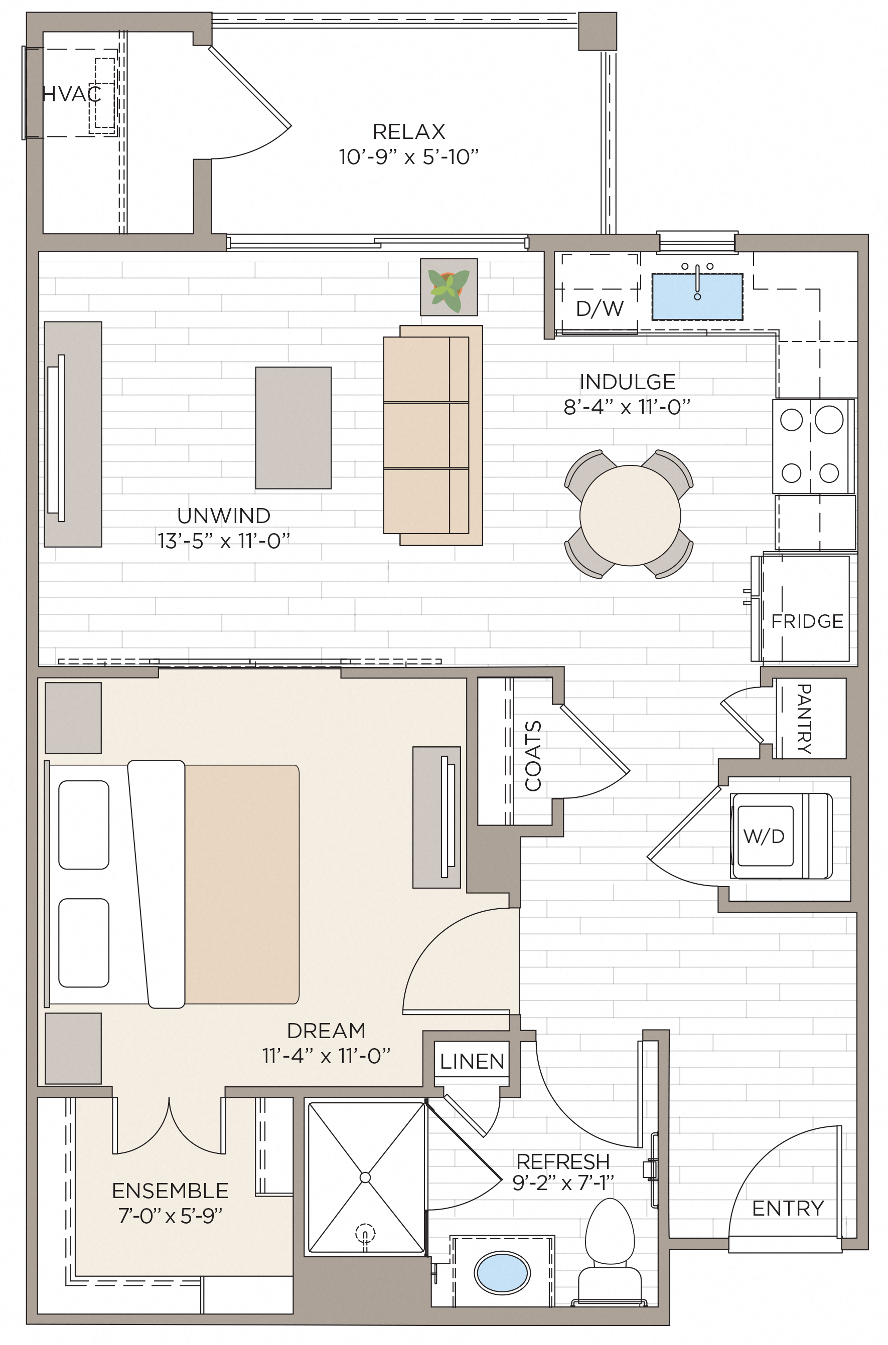 Floorplan for Unit #A1A, 1 bedroom unit at Halstead Maynard Crossing