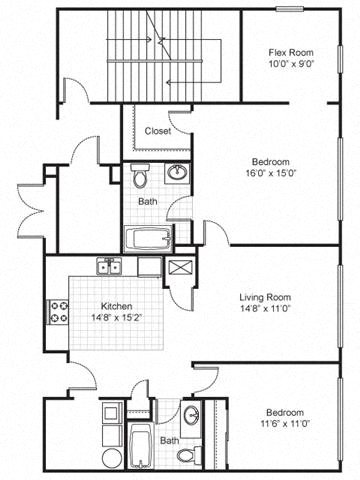 2 Bedroom 1.5 Bath Stockton Style-2D Floorplan 2 Bedroom 1.5 Bath Stockton Style-2D Floorplan-Quimby Plaza Apartments Memphis, TN