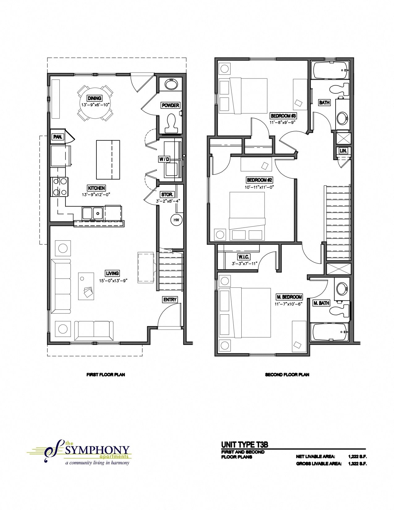3 Bedroom 2.5 Bath 2D Floorplan 3 Bedroom 2.5 Bath 2D Floorplan-The Symphony Apartments Phoenix, AZ