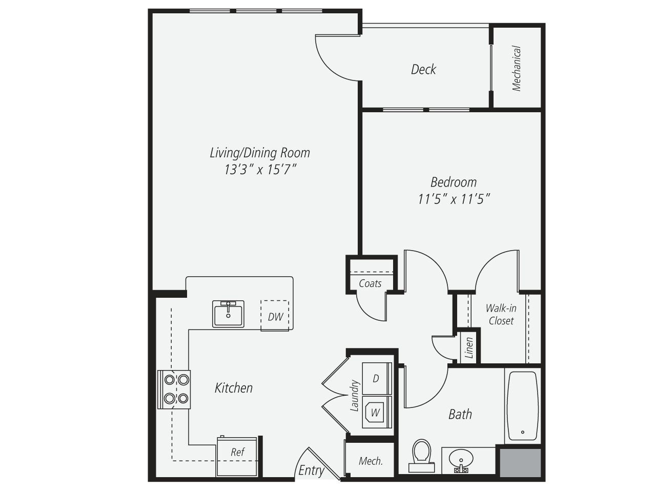 Floorplan for Apartment #212, 1 bedroom unit at Halstead Norwalk