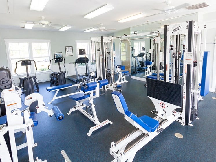 Inside the fitness center at Harbour Breeze Apartments