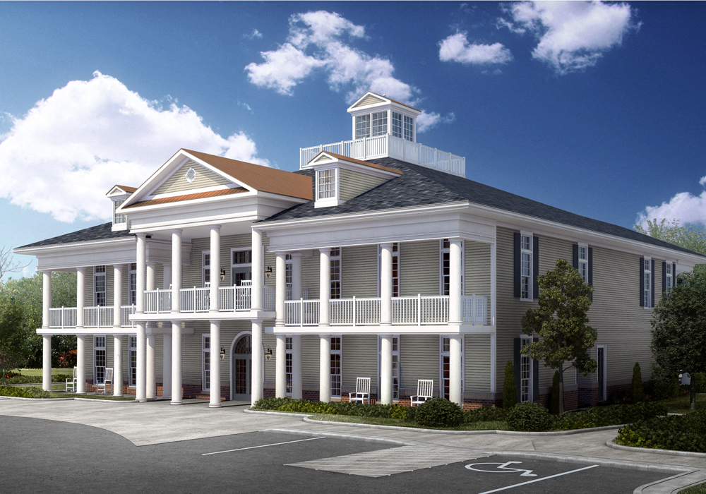 a rendering of an apartment building clubhouse with ADA parking