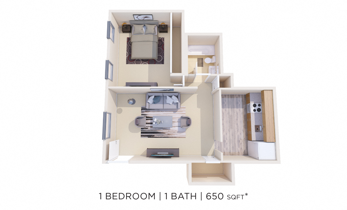 One Bedroom - 650 sqft floor plan