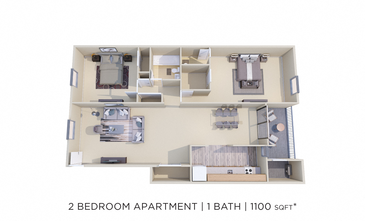 Two Bedroom 1.5 Bath - 1,100 sqft floor plan