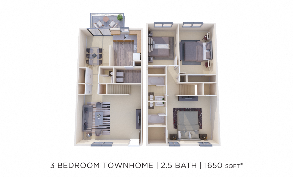 Three Bedroom 2.5 Bath Townhome - 1,650 sqft floor plan