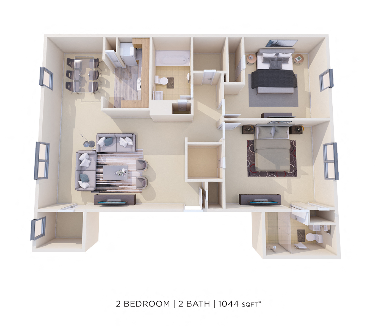 Two Bedroom 2 Bath - 1,044 sqft floor plan