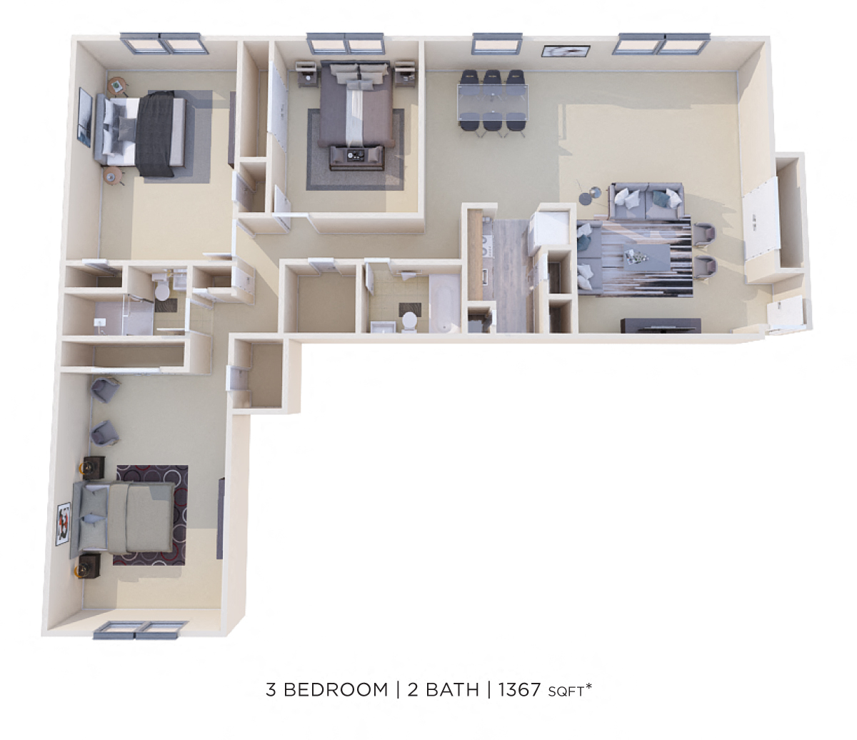 Three Bedroom 2 Bath - 1,367 sqft floor plan