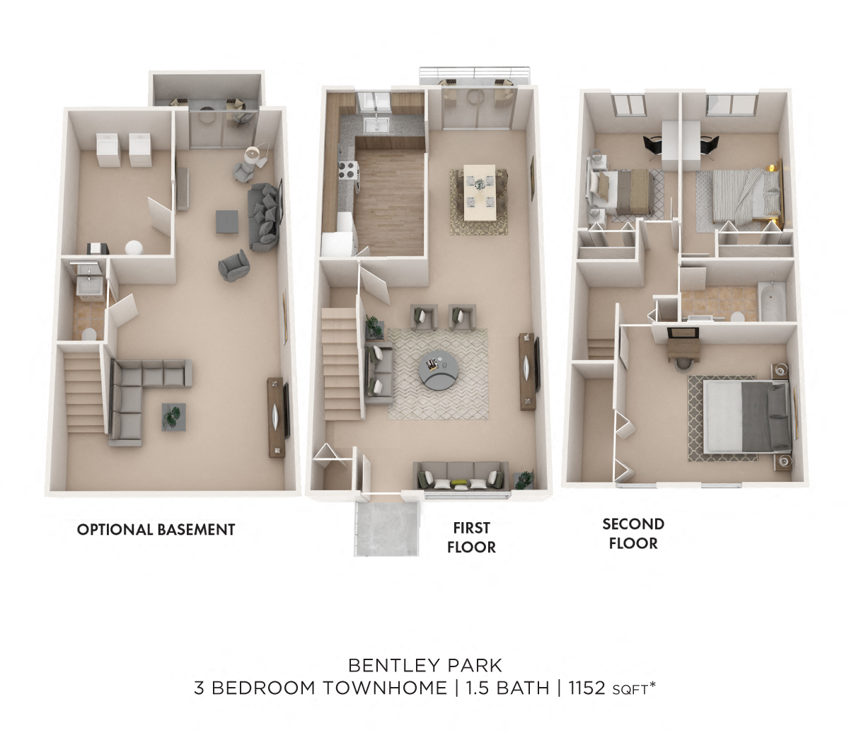 Three Bedroom 1.5 Bath Townhouse - 1,152 sqft floor plan