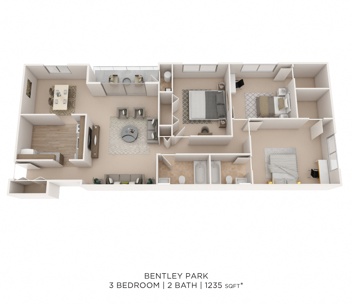 Three Bedroom 2 Bath - 1,235 sqft floor plan