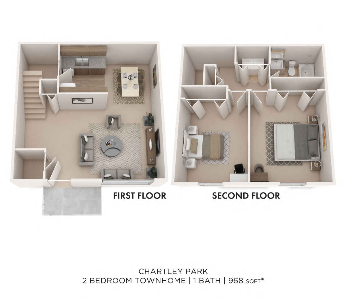 Two Bedroom Townhome - 968 sqft floor plan