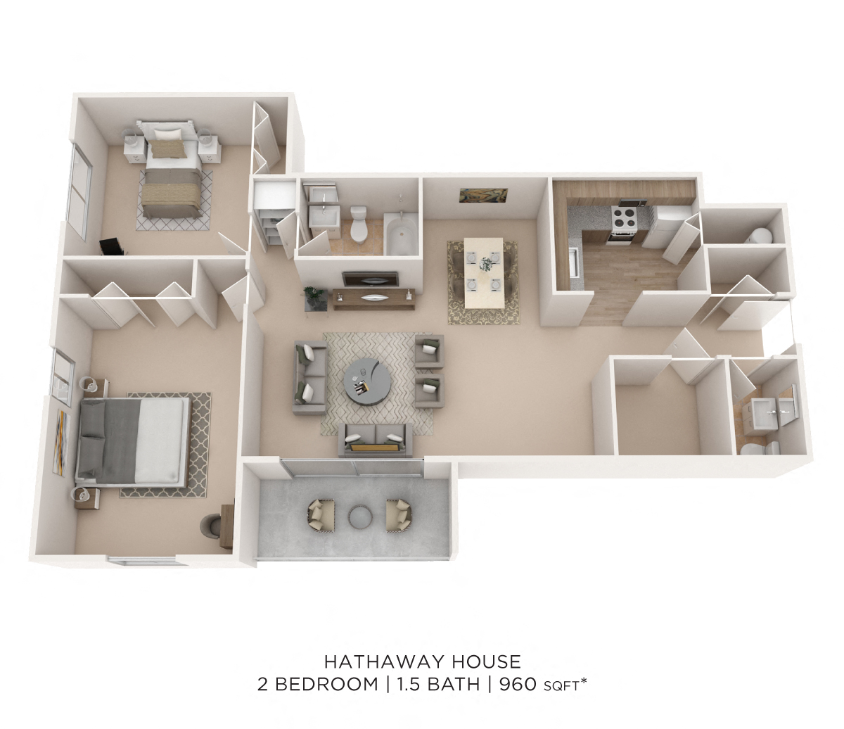 Two Bedroom 1.5 Bath - 960 sqft floor plan