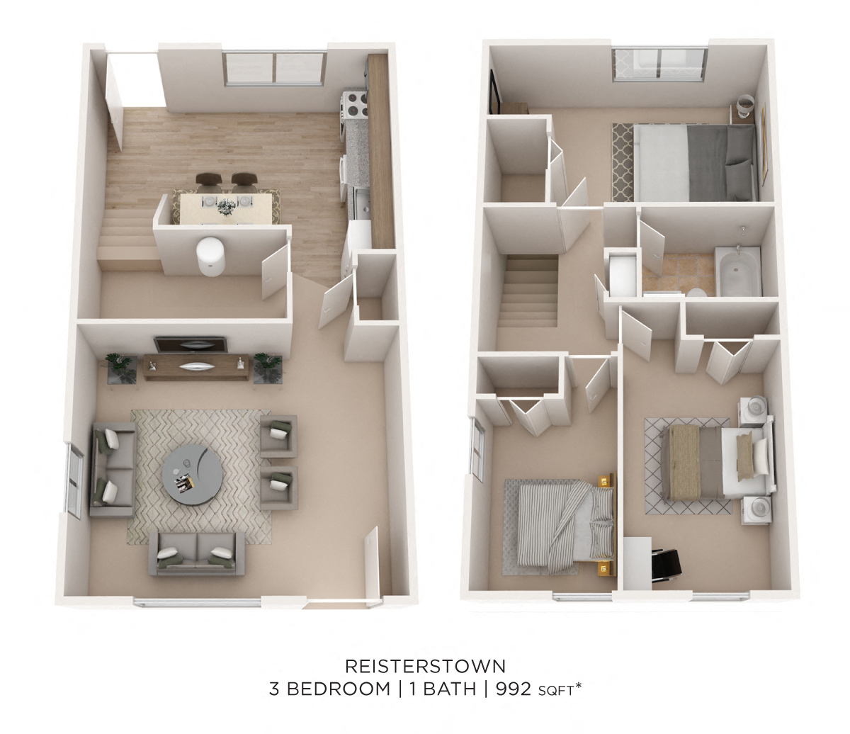 Three Bedroom Townhouse - 992 sqft floor plan