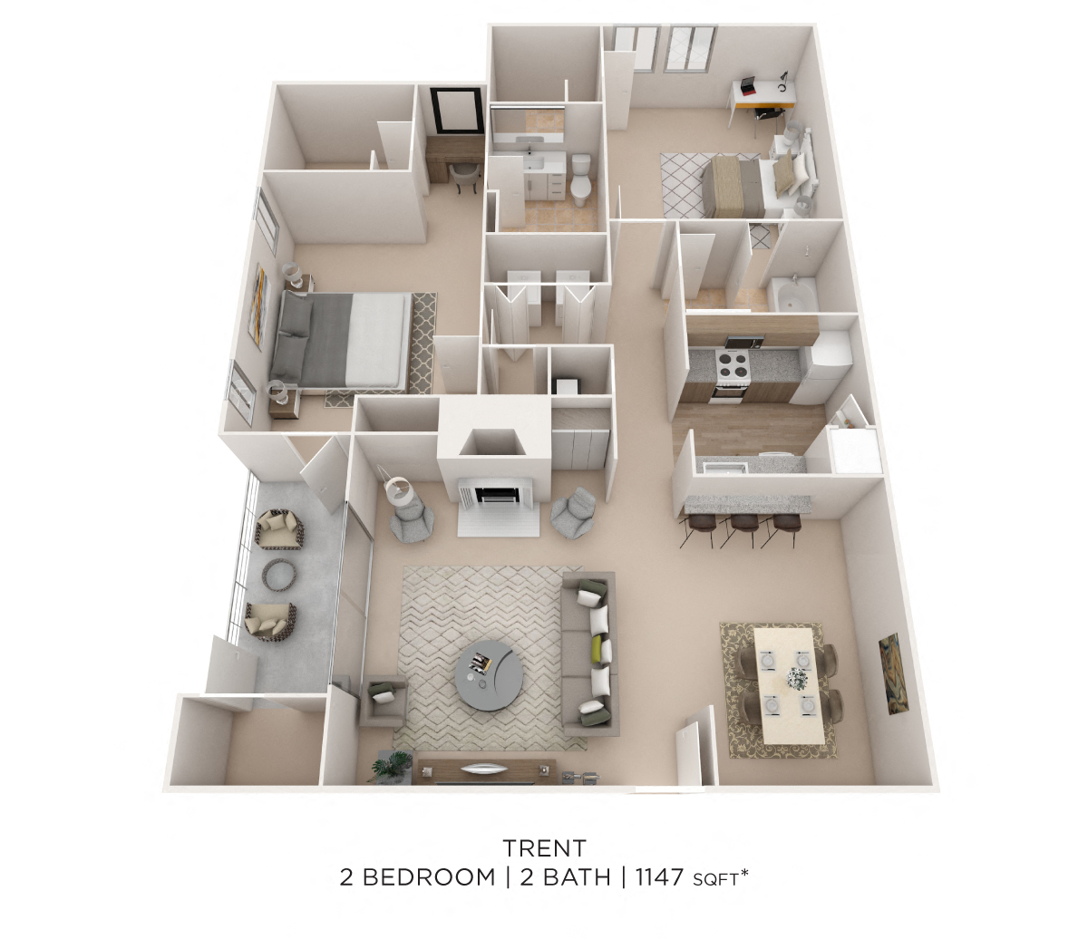 Two Bedroom 2 Bath - 1,147 sqft floor plan